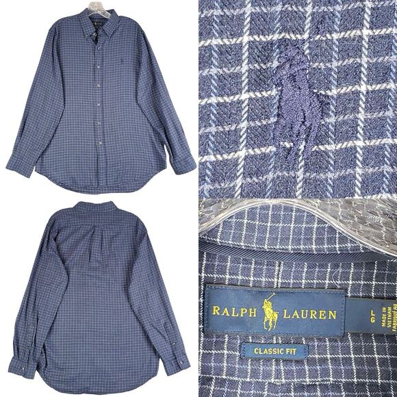 Polo Ralph Lauren Shirt Oxford Button Down Mens Size Large LS Navy Blue Plaid - Picture 1 of 10